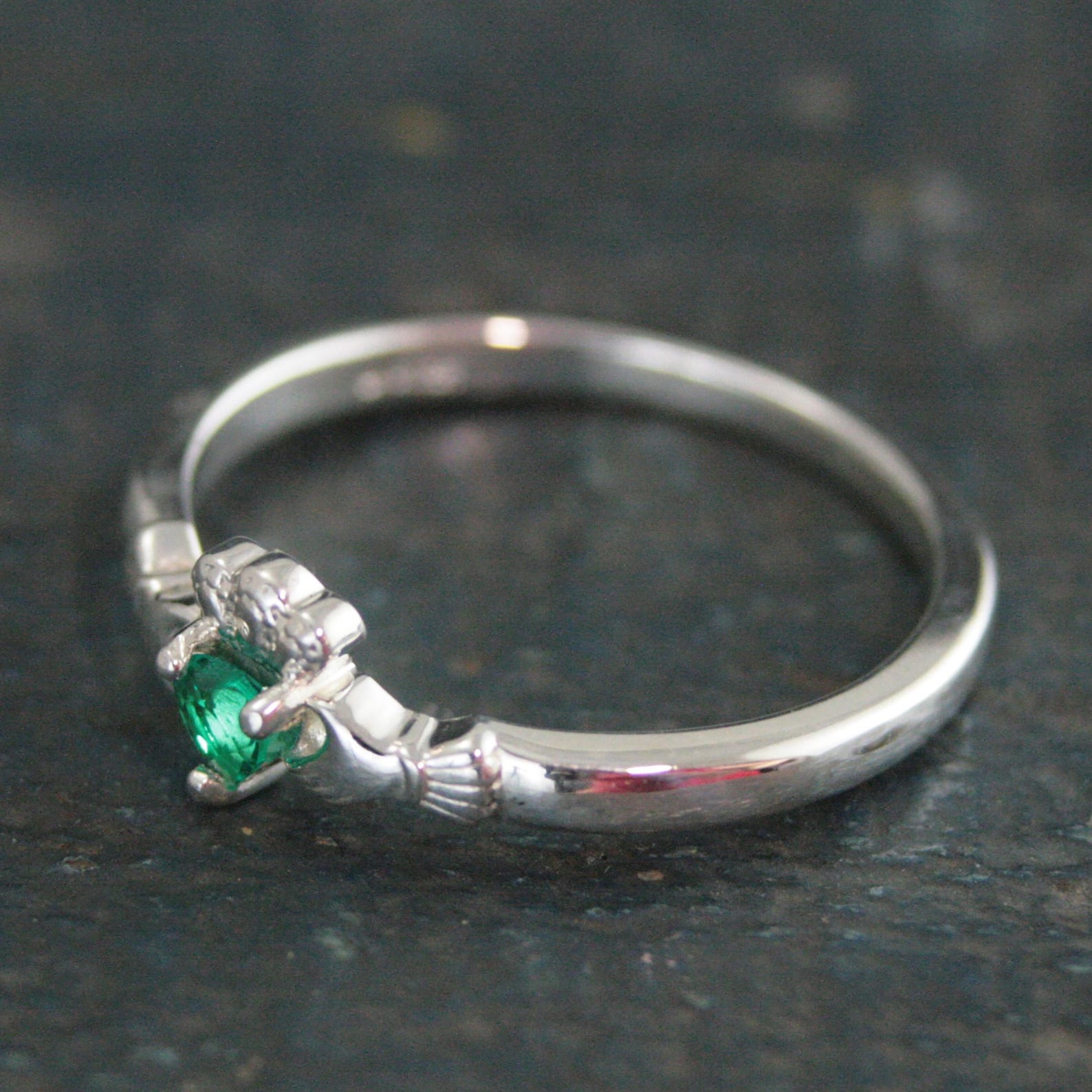 Tiny Celtic Heart Ring Claddagh Ring with Lab Grown Emerald Heart Irish Claddagh Ring Silver Heart and Hands Friendship Ring St. Patrick's