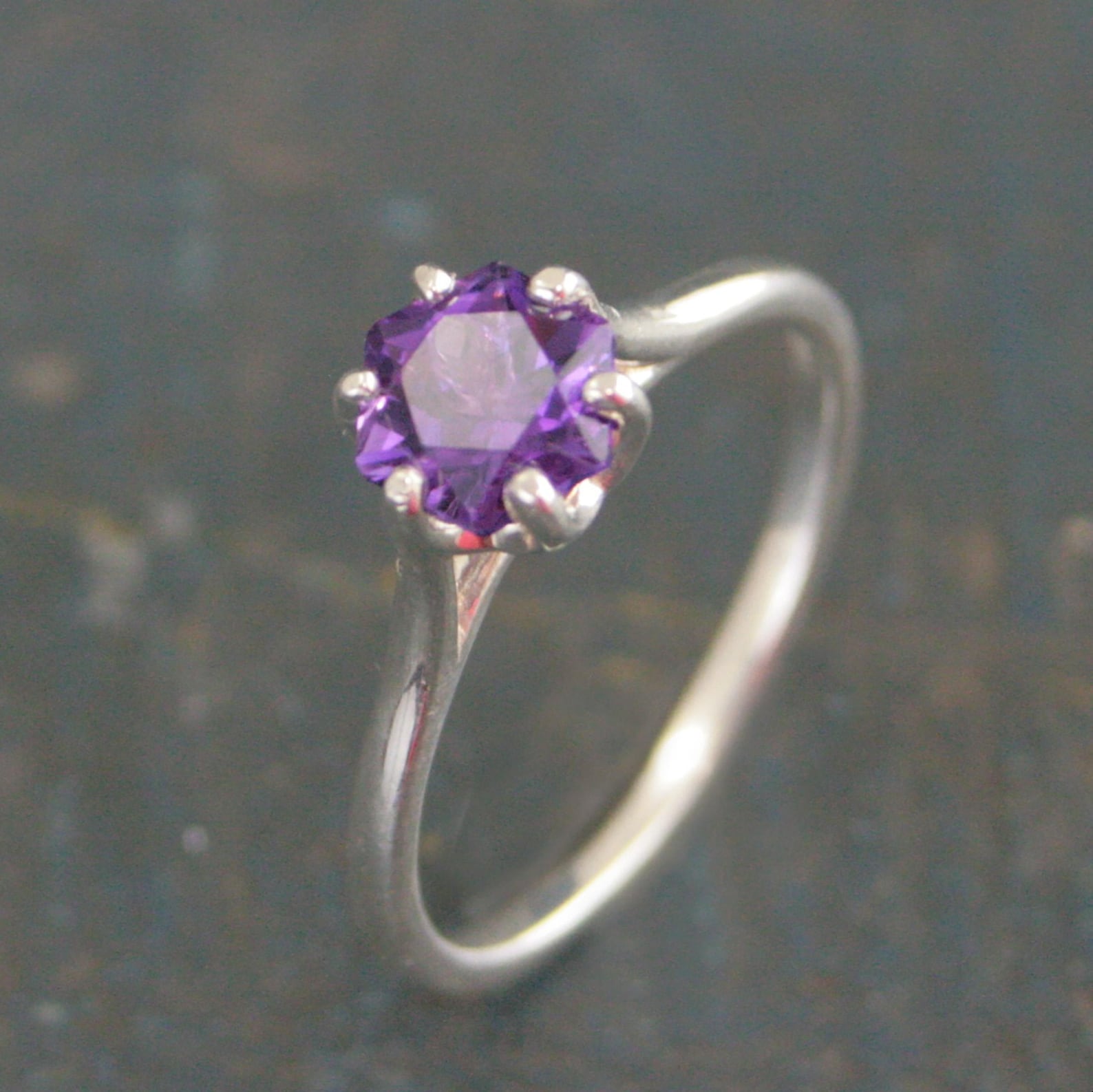 6mm Hexagonal Amethyst 6 Prong Setting Cathedral Solitaire February Birthstone Ring Silver Amethyst Ring Gift for Her Purple Stone Ring