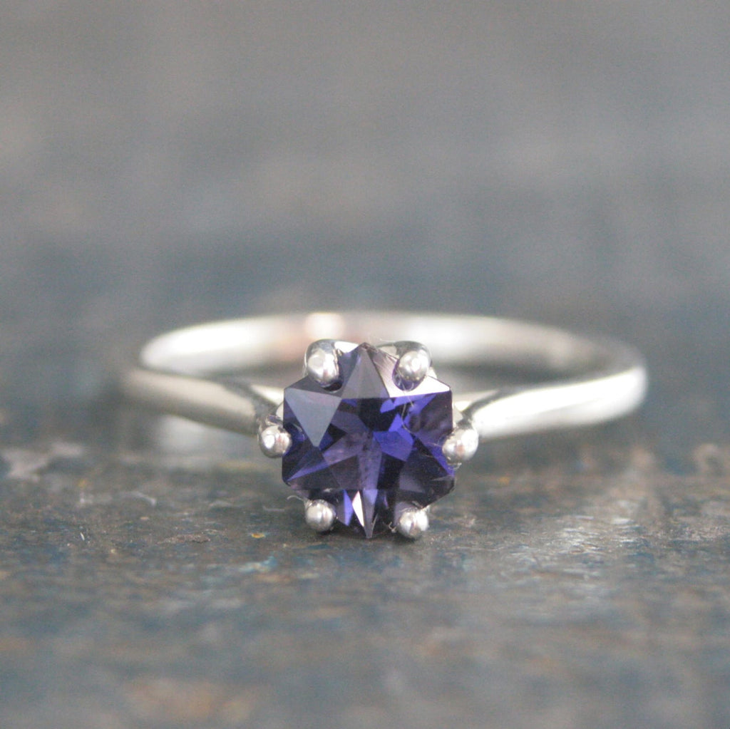 Iolite Ring Hexagon Cathedral Solitaire Sterling Silver Iolite Ring Stackable Ring Birthstone Ring Gift for Her Unique Hexagon Cut Stone