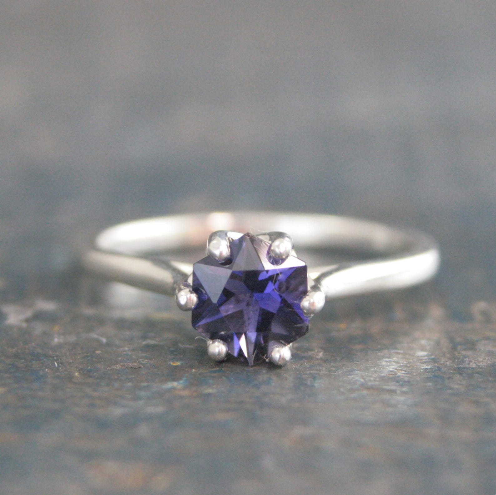 Iolite Ring Hexagon Cathedral Solitaire Sterling Silver Iolite Ring Stackable Ring Birthstone Ring Gift for Her Unique Hexagon Cut Stone