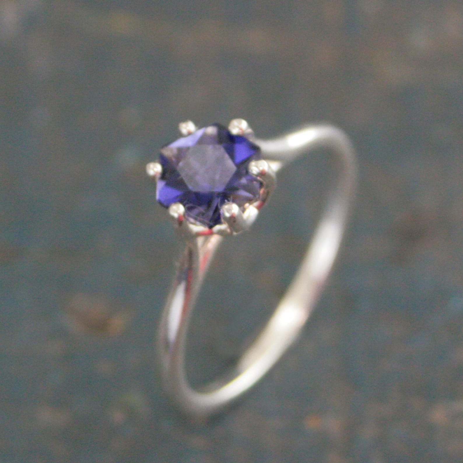 Iolite Ring Hexagon Cathedral Solitaire Sterling Silver Iolite Ring Stackable Ring Birthstone Ring Gift for Her Unique Hexagon Cut Stone