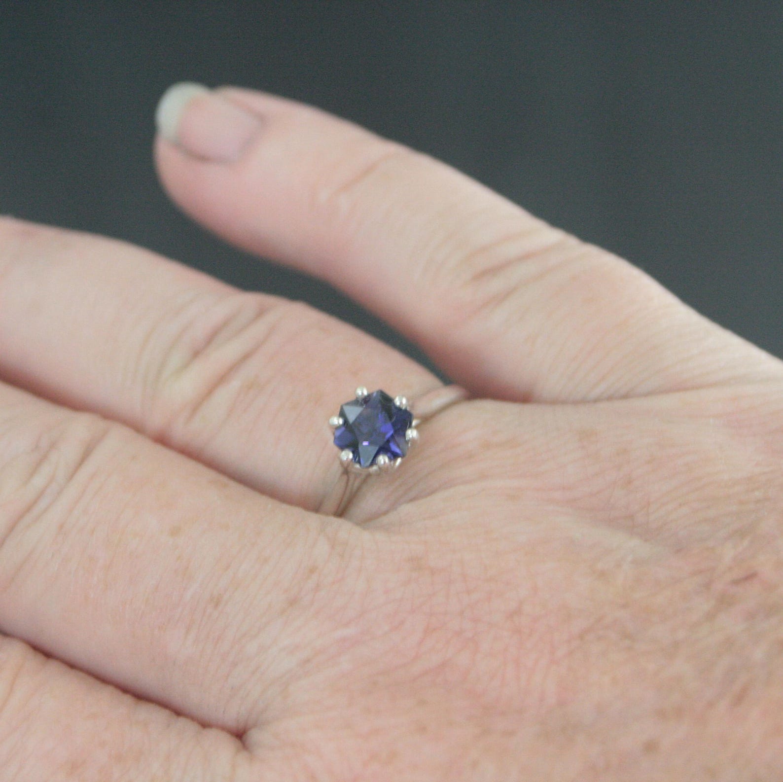 Iolite Ring Hexagon Cathedral Solitaire Sterling Silver Iolite Ring Stackable Ring Birthstone Ring Gift for Her Unique Hexagon Cut Stone