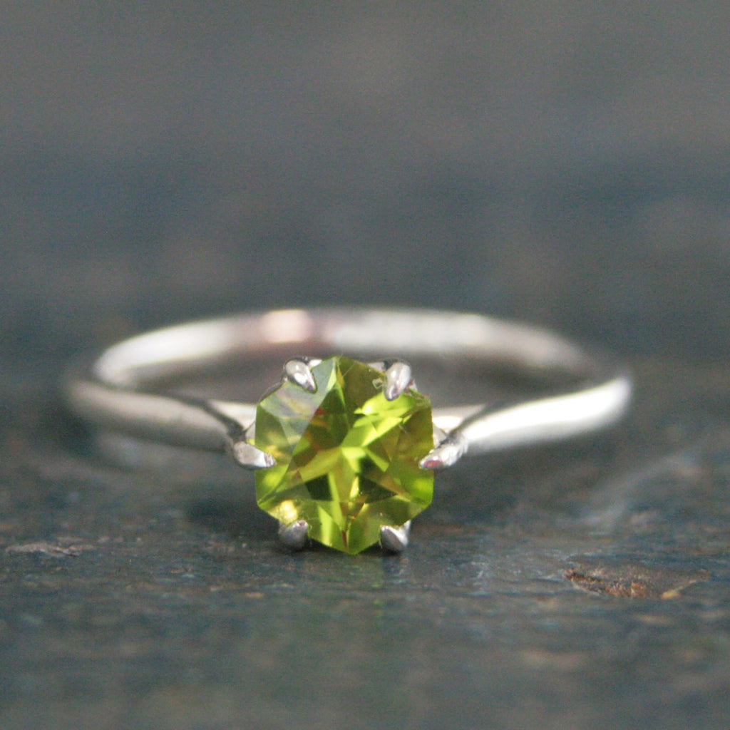 Hexagon Peridot Ring Sterling Silver Cathedral Setting Lotus Blossom Green Stone August Birthstone Ring Mother's Jewelry Family Ring Gift