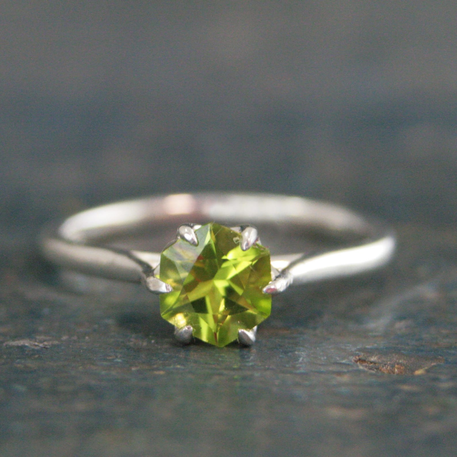 Hexagon Peridot Ring Sterling Silver Cathedral Setting Lotus Blossom Green Stone August Birthstone Ring Mother's Jewelry Family Ring Gift