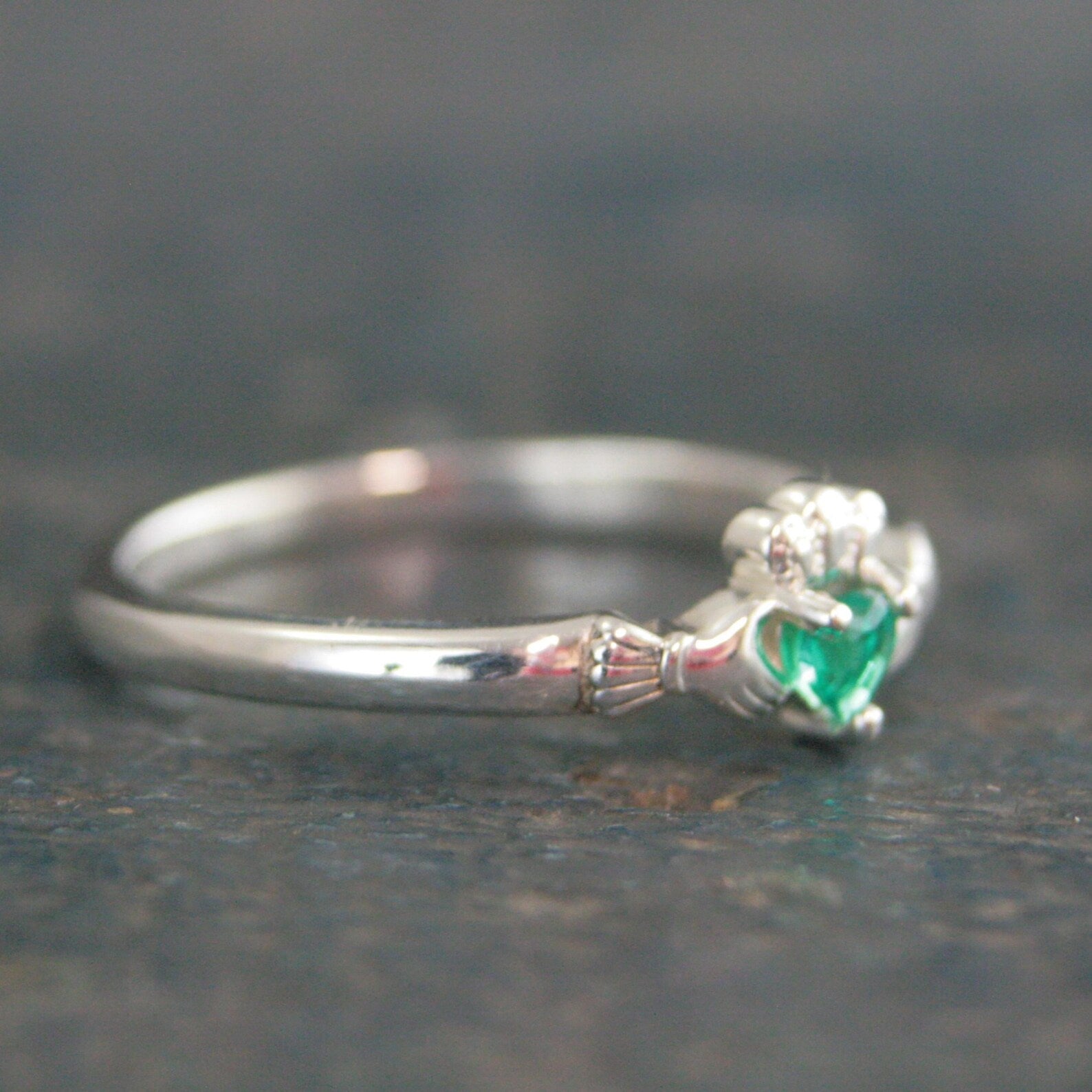Tiny Celtic Heart Ring Claddagh Ring with Lab Grown Emerald Heart Irish Claddagh Ring Silver Heart and Hands Friendship Ring St. Patrick's