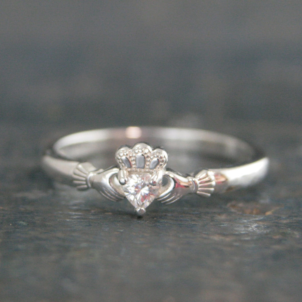 Tiny Celtic Heart Ring Moissanite Heart Silver Irish Claddagh Ring Promise Ring Sweet 16 Ring Claddagh Wedding Band Petite Engagement Ring