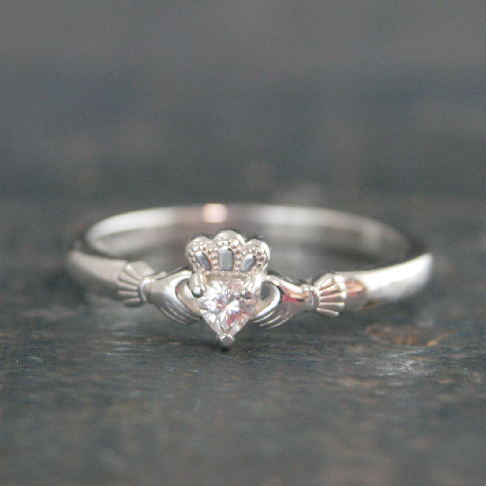 Tiny Celtic Heart Ring Moissanite Heart Silver Irish Claddagh Ring Promise Ring Sweet 16 Ring Claddagh Wedding Band Petite Engagement Ring