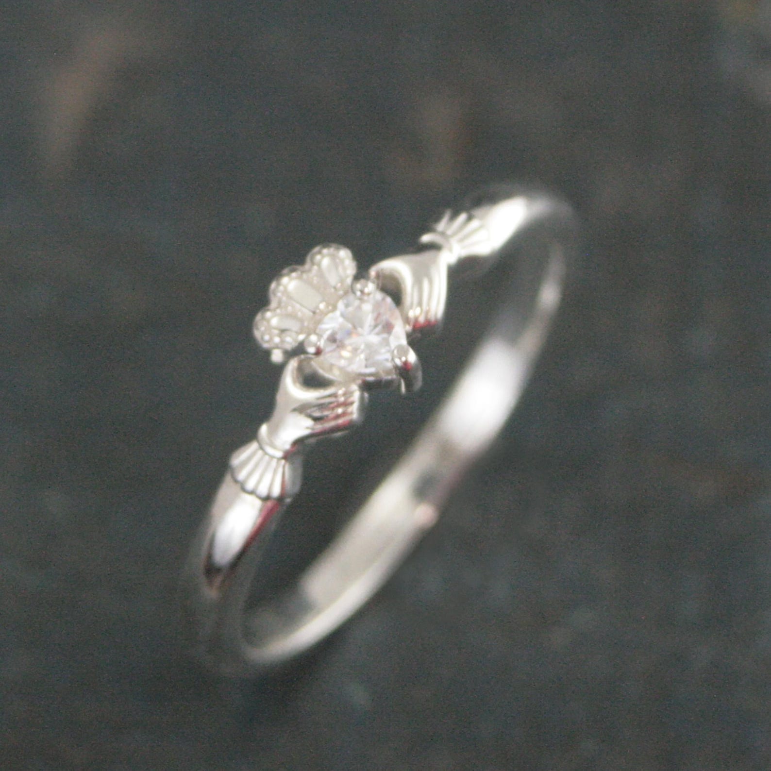 Tiny Celtic Heart Ring Moissanite Heart Silver Irish Claddagh Ring Promise Ring Sweet 16 Ring Claddagh Wedding Band Petite Engagement Ring