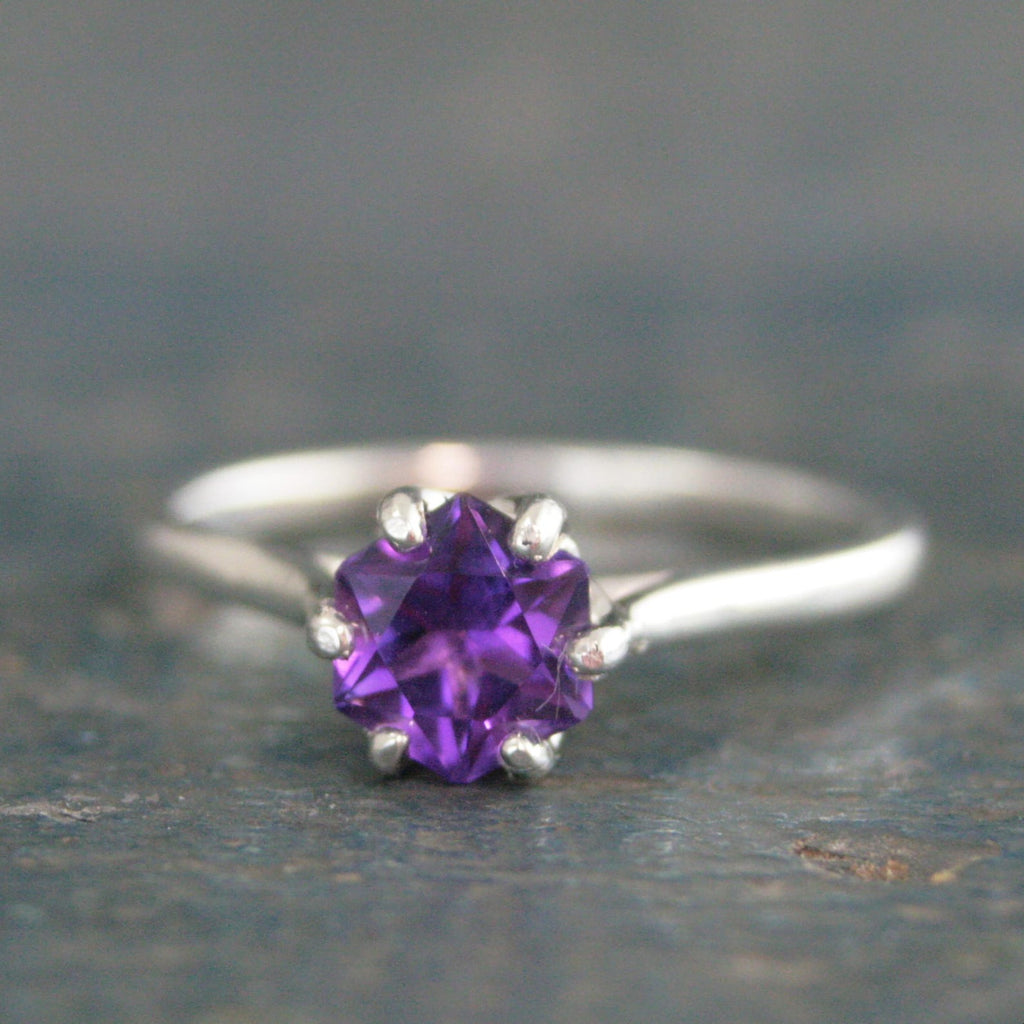 6mm Hexagonal Amethyst 6 Prong Setting Cathedral Solitaire February Birthstone Ring Silver Amethyst Ring Gift for Her Purple Stone Ring