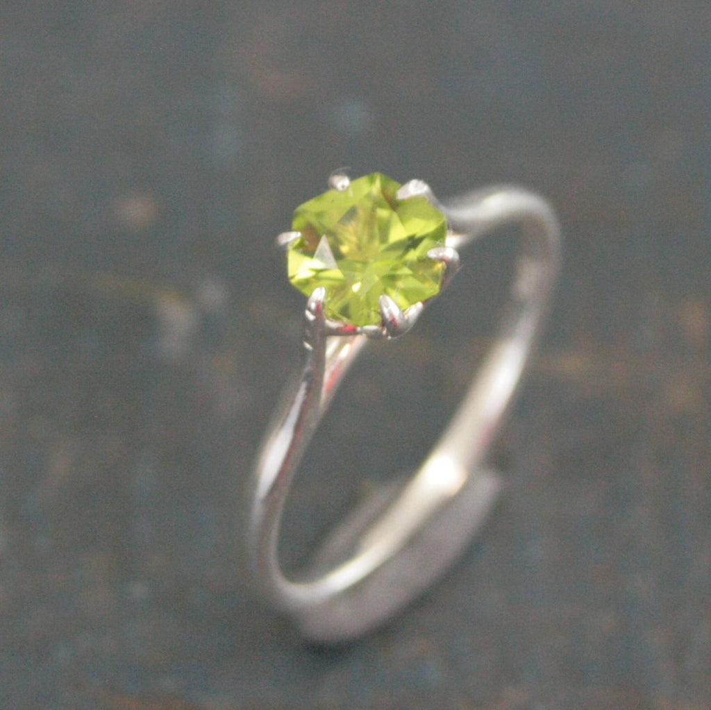 Hexagon Peridot Ring Sterling Silver Cathedral Setting Lotus Blossom Green Stone August Birthstone Ring Mother's Jewelry Family Ring Gift