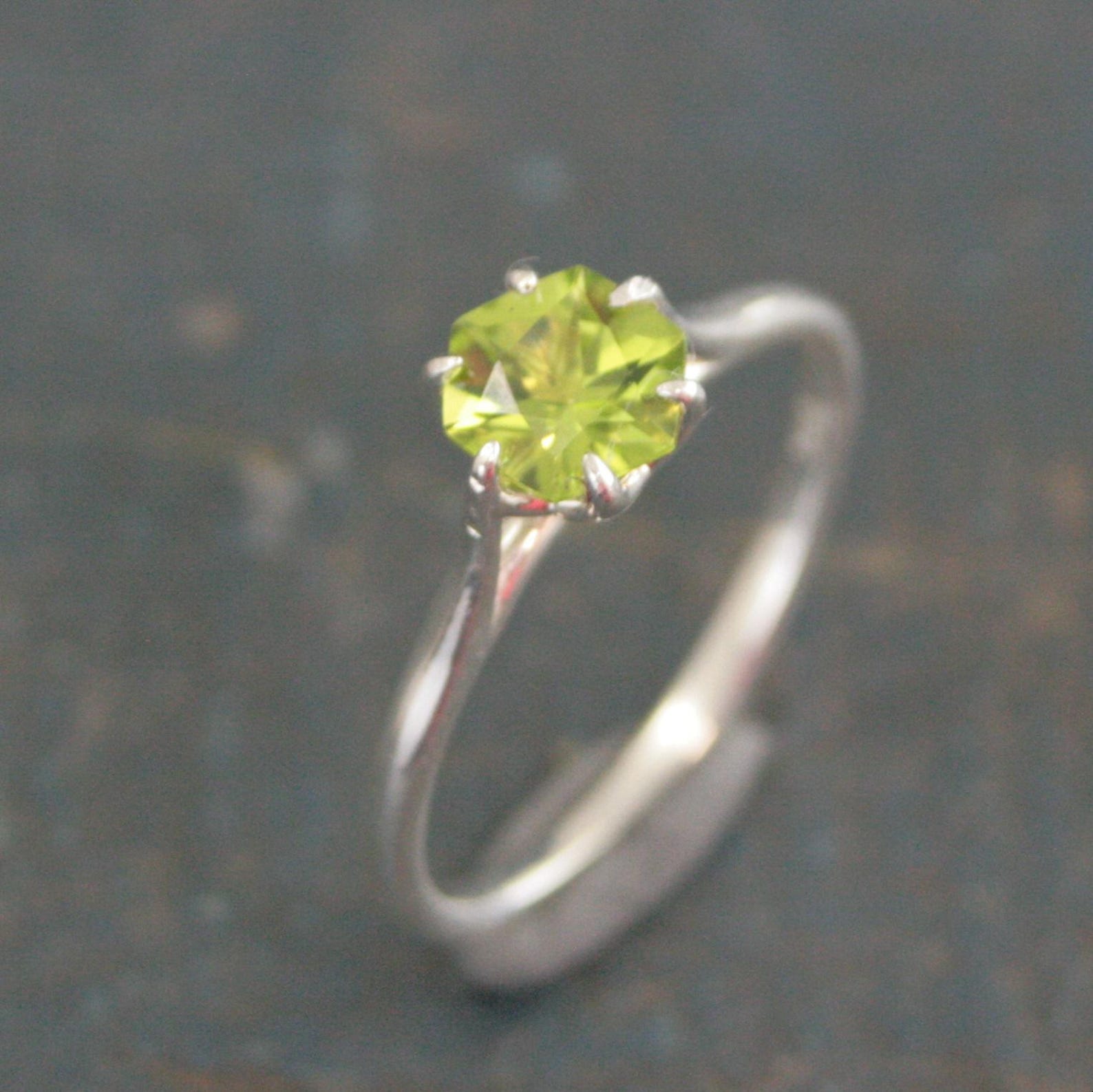 Hexagon Peridot Ring Sterling Silver Cathedral Setting Lotus Blossom Green Stone August Birthstone Ring Mother's Jewelry Family Ring Gift