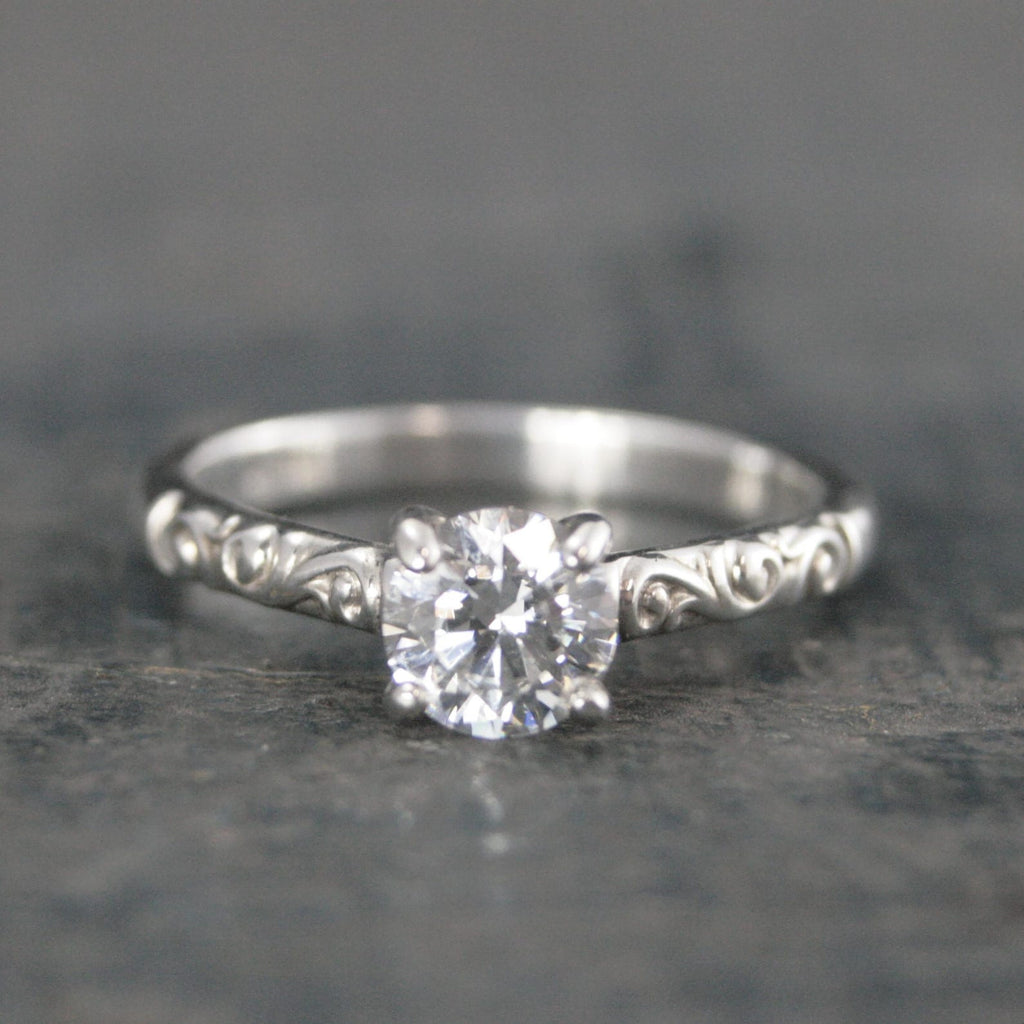 Silver Solitaire Flourish Swirl Cathedral Alice Design Economical Engagement Ring Cubic Zirconia Moissanite Lab Diamond