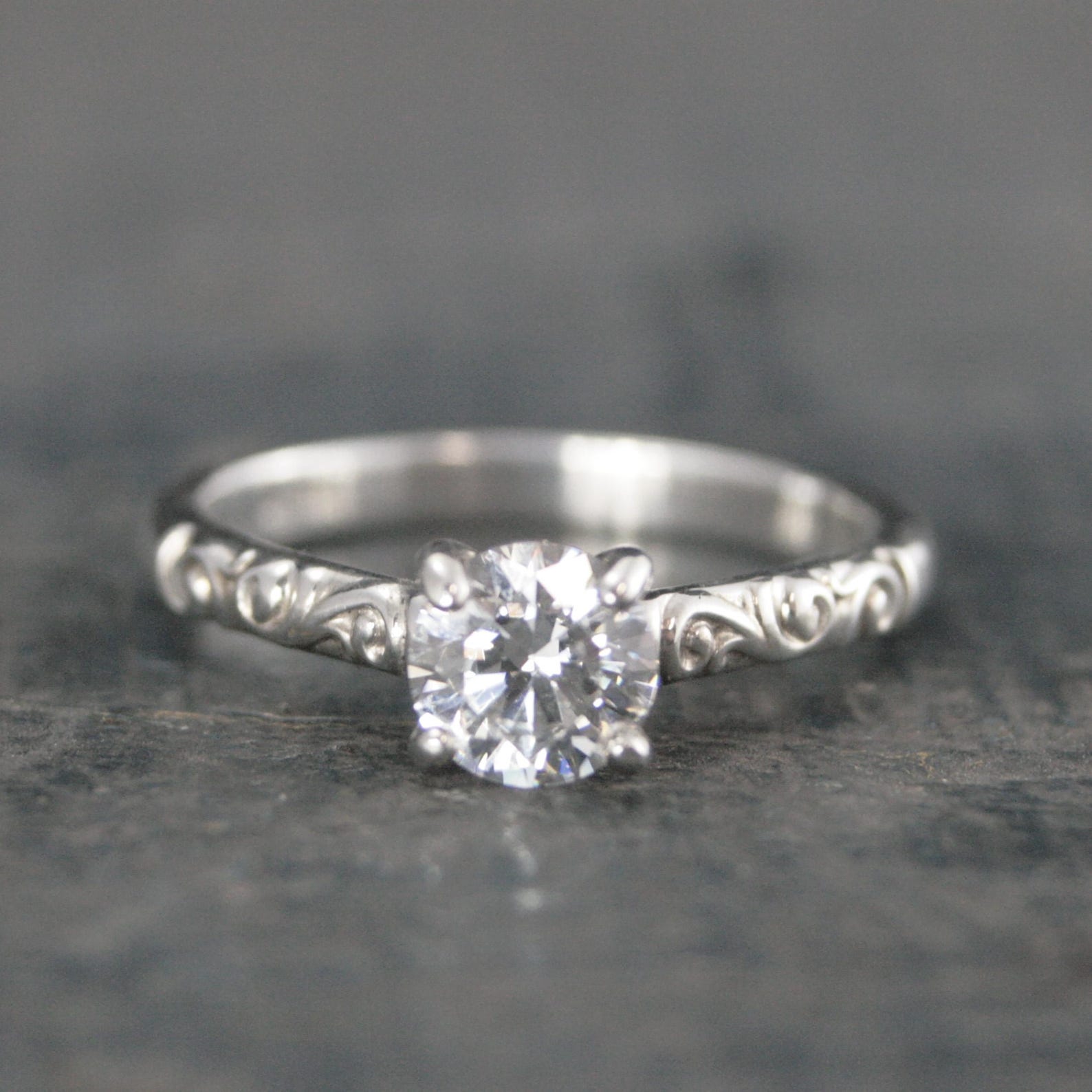 Silver Solitaire Flourish Swirl Cathedral Alice Design Economical Engagement Ring Cubic Zirconia Moissanite Lab Diamond