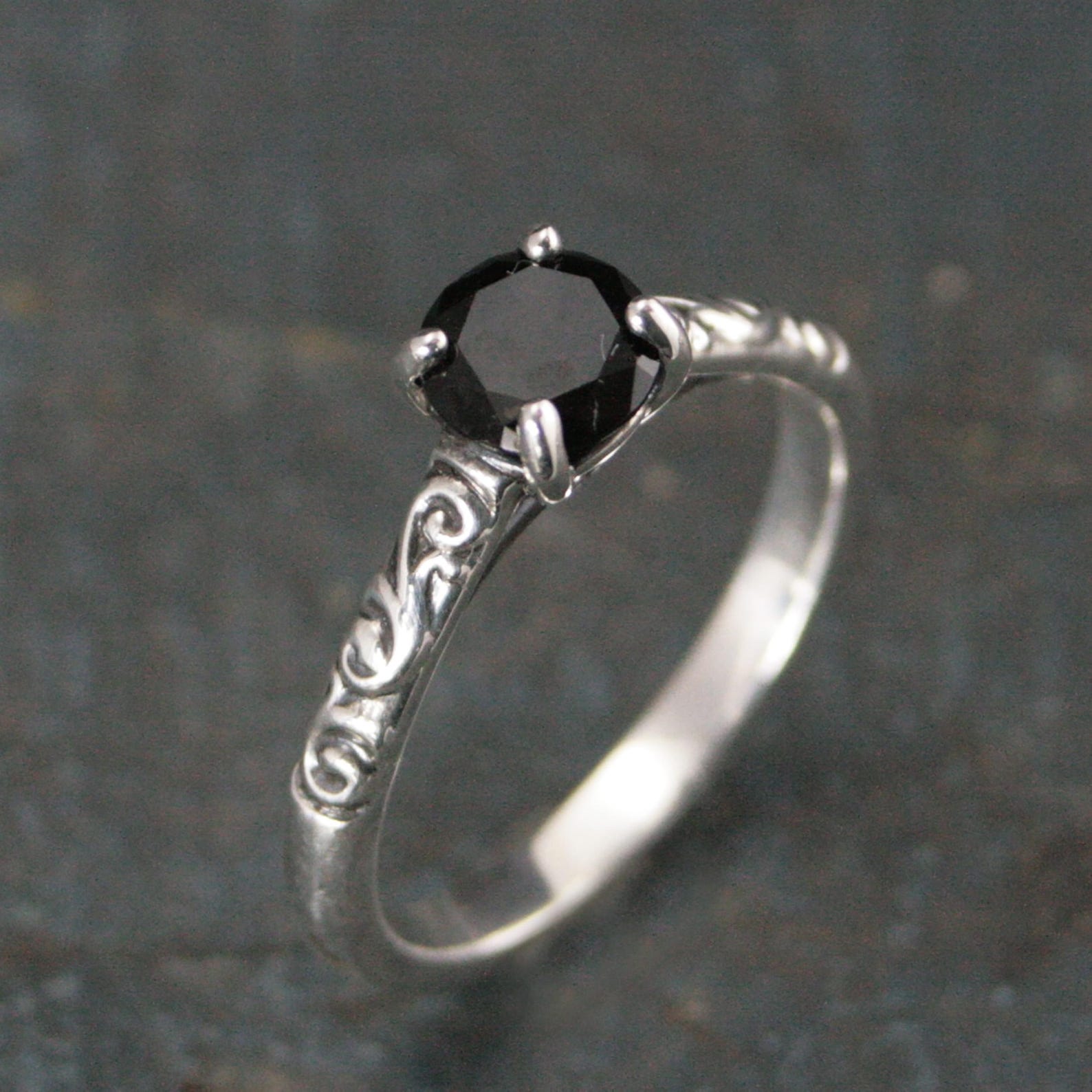 Sterling Silver Onyx Ring Cathedral Solitaire Gothic Engagement Ring Black Stone Protection Ring Swirl Design Dark Alice Flourish Ring