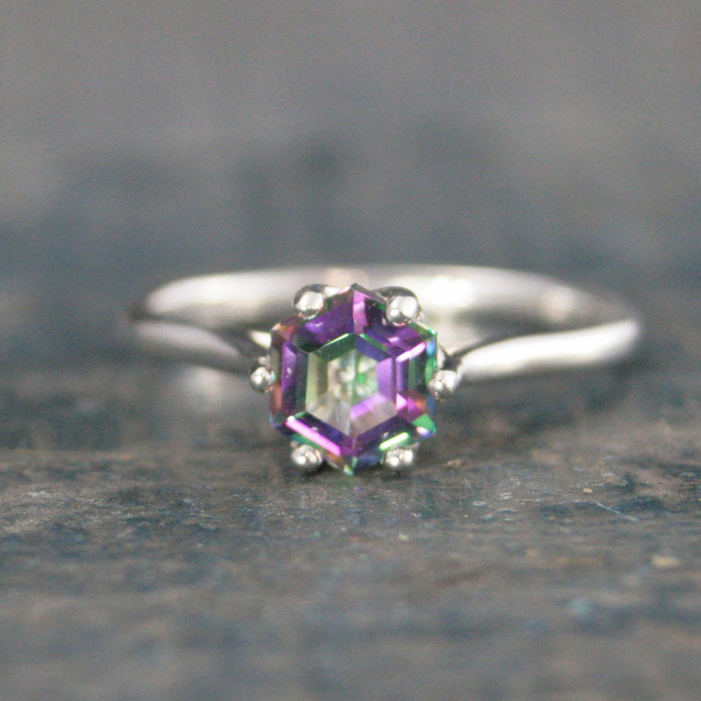 Dark Mystic Topaz Cathedral Solitaire Hexagon Rainbow Topaz Sterling Silver Dark Fairy Engagement Ring Fantasy Dragon Ring