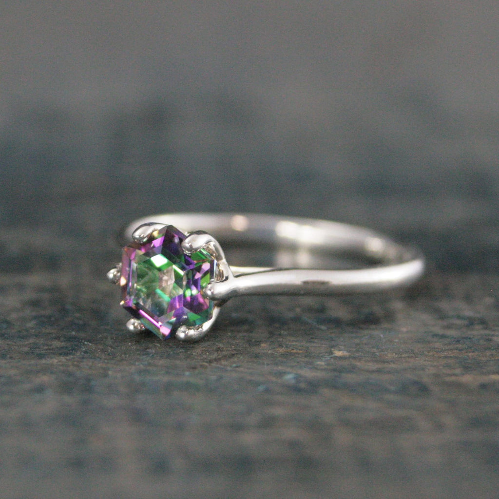 Dark Mystic Topaz Cathedral Solitaire Hexagon Rainbow Topaz Sterling Silver Dark Fairy Engagement Ring Fantasy Dragon Ring