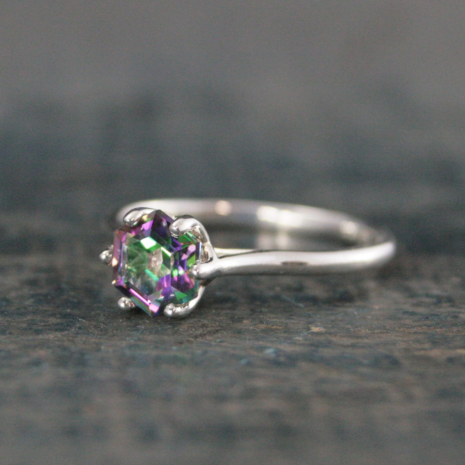 Dark Mystic Topaz Cathedral Solitaire Hexagon Rainbow Topaz Sterling Silver Dark Fairy Engagement Ring Fantasy Dragon Ring