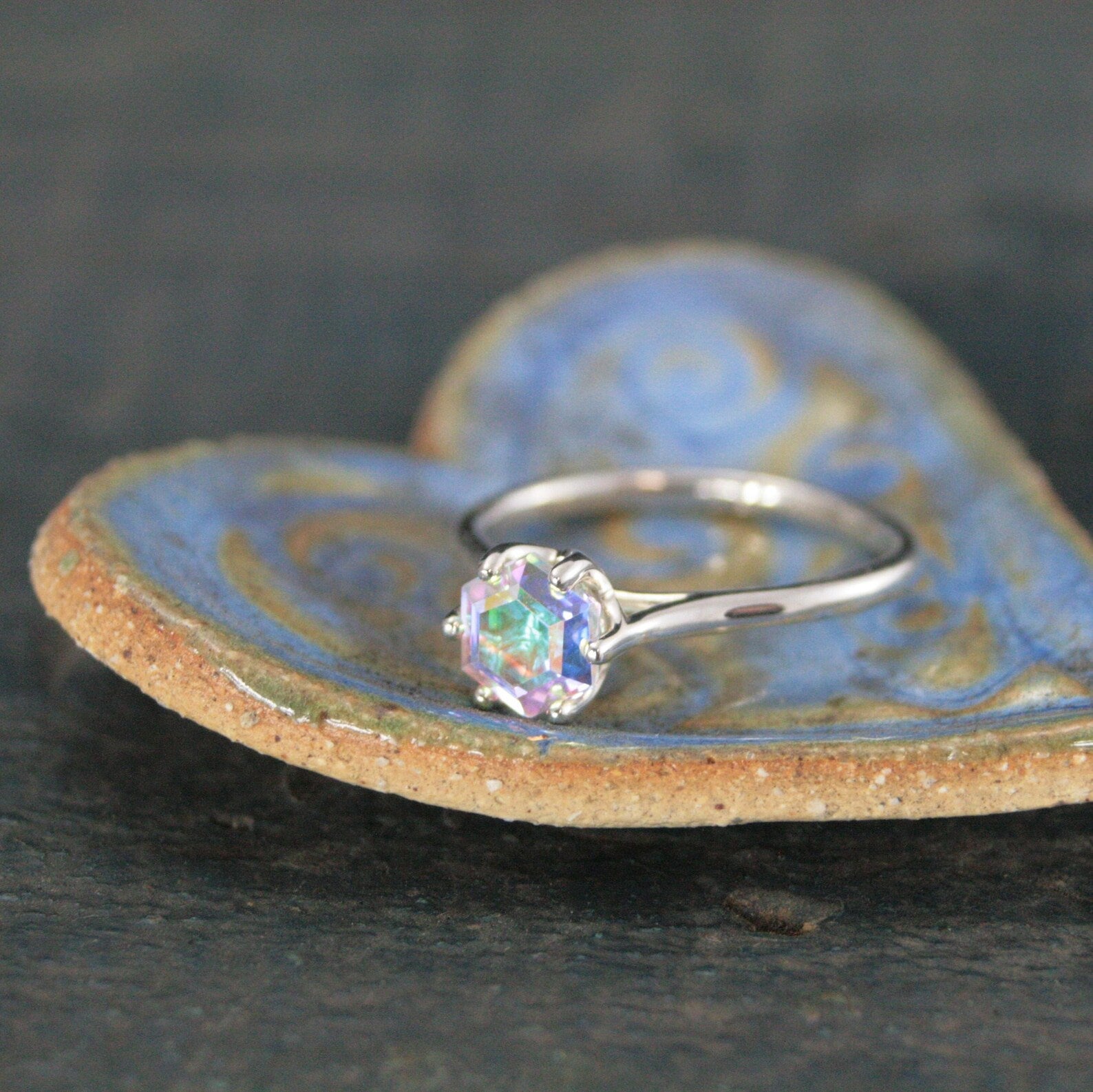 Hexagon Mystic Topaz Cathedral Solitaire Unique Hexagon Rainbow Stone Fantasy Engagement Ring Rainbow Fairy Ring Sterling Silver