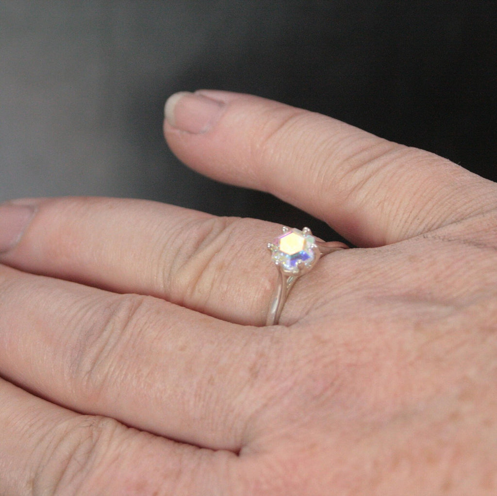 Hexagon Mystic Topaz Cathedral Solitaire Unique Hexagon Rainbow Stone Fantasy Engagement Ring Rainbow Fairy Ring Sterling Silver