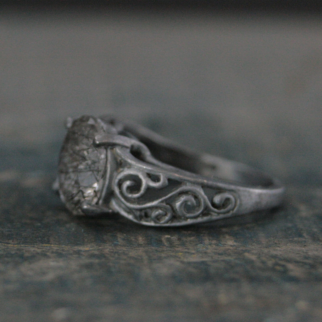 Rutilated Quartz Ring Oval Bypass Ring Black Silver Ring Black Filigree Ring 8x10 Oval Black Tourmalinated Quartz Gothic Swirl Ring