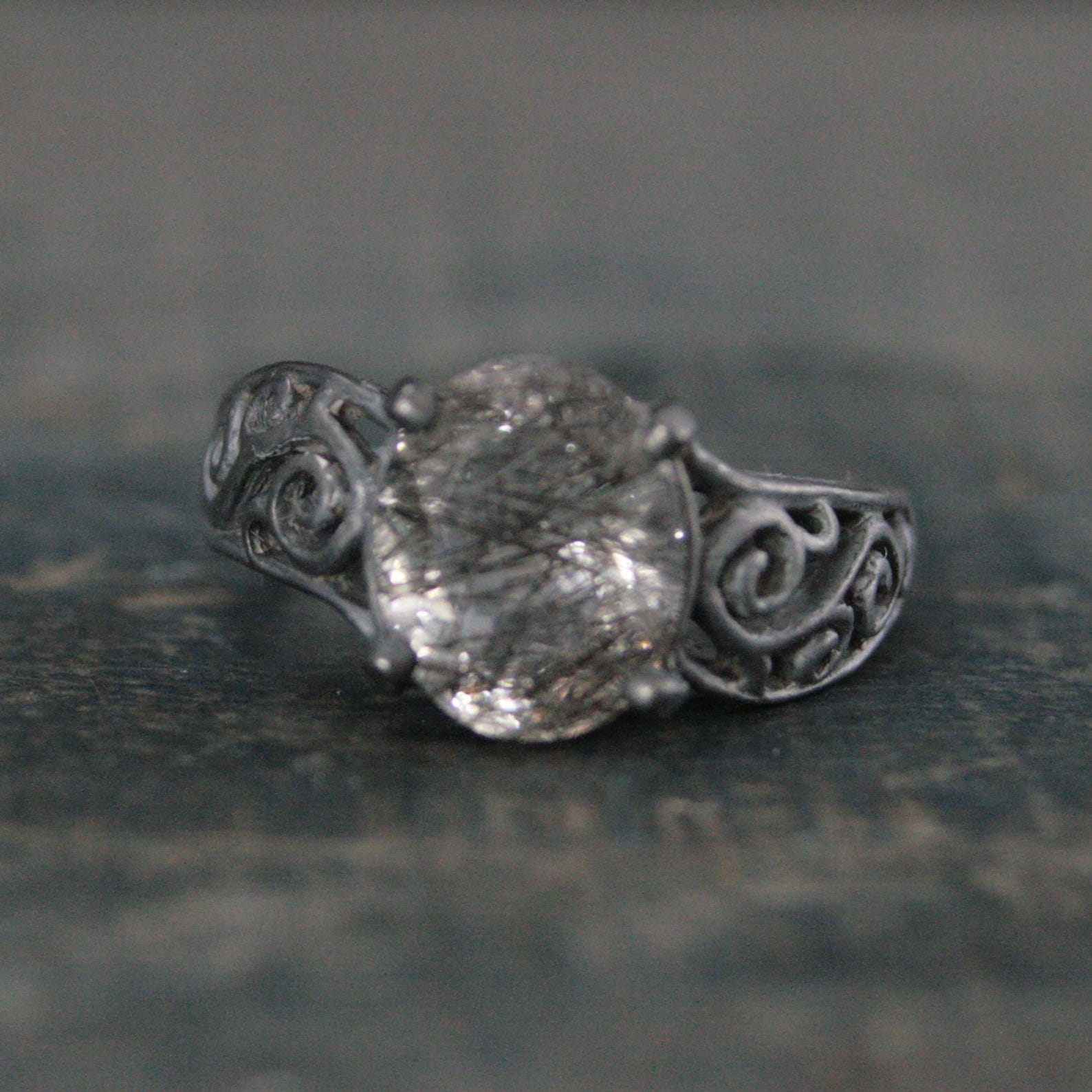 Rutilated Quartz Ring Oval Bypass Ring Black Silver Ring Black Filigree Ring 8x10 Oval Black Tourmalinated Quartz Gothic Swirl Ring