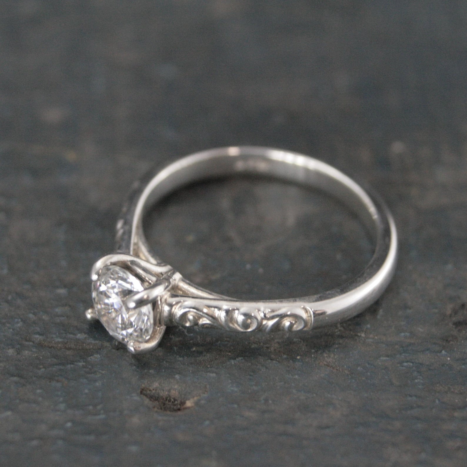 Silver Solitaire Flourish Swirl Cathedral Alice Design Economical Engagement Ring Cubic Zirconia Moissanite Lab Diamond