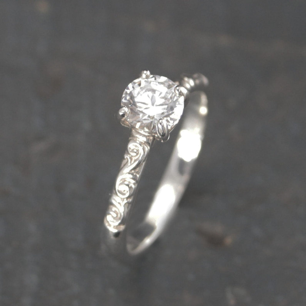 Silver Solitaire Flourish Swirl Cathedral Alice Design Economical Engagement Ring Cubic Zirconia Moissanite Lab Diamond