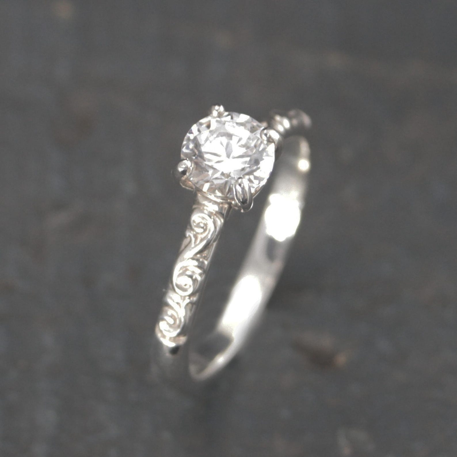 Silver Solitaire Flourish Swirl Cathedral Alice Design Economical Engagement Ring Cubic Zirconia Moissanite Lab Diamond