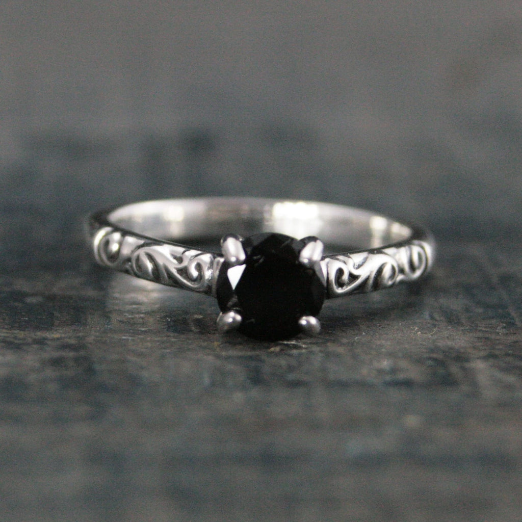 Sterling Silver Onyx Ring Cathedral Solitaire Gothic Engagement Ring Black Stone Protection Ring Swirl Design Dark Alice Flourish Ring