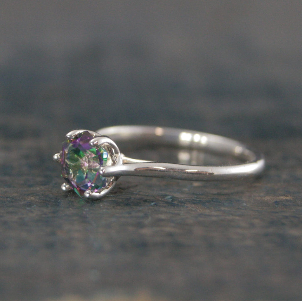 Dark Mystic Topaz Cathedral Solitaire Hexagon Rainbow Topaz Sterling Silver Dark Fairy Engagement Ring Fantasy Dragon Ring