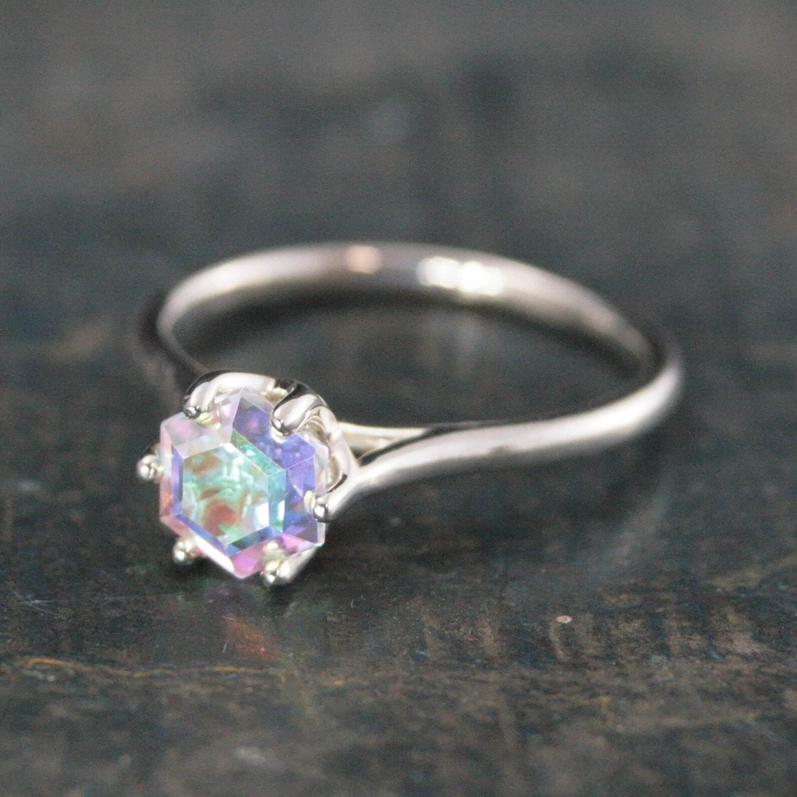 Hexagon Mystic Topaz Cathedral Solitaire Unique Hexagon Rainbow Stone Fantasy Engagement Ring Rainbow Fairy Ring Sterling Silver