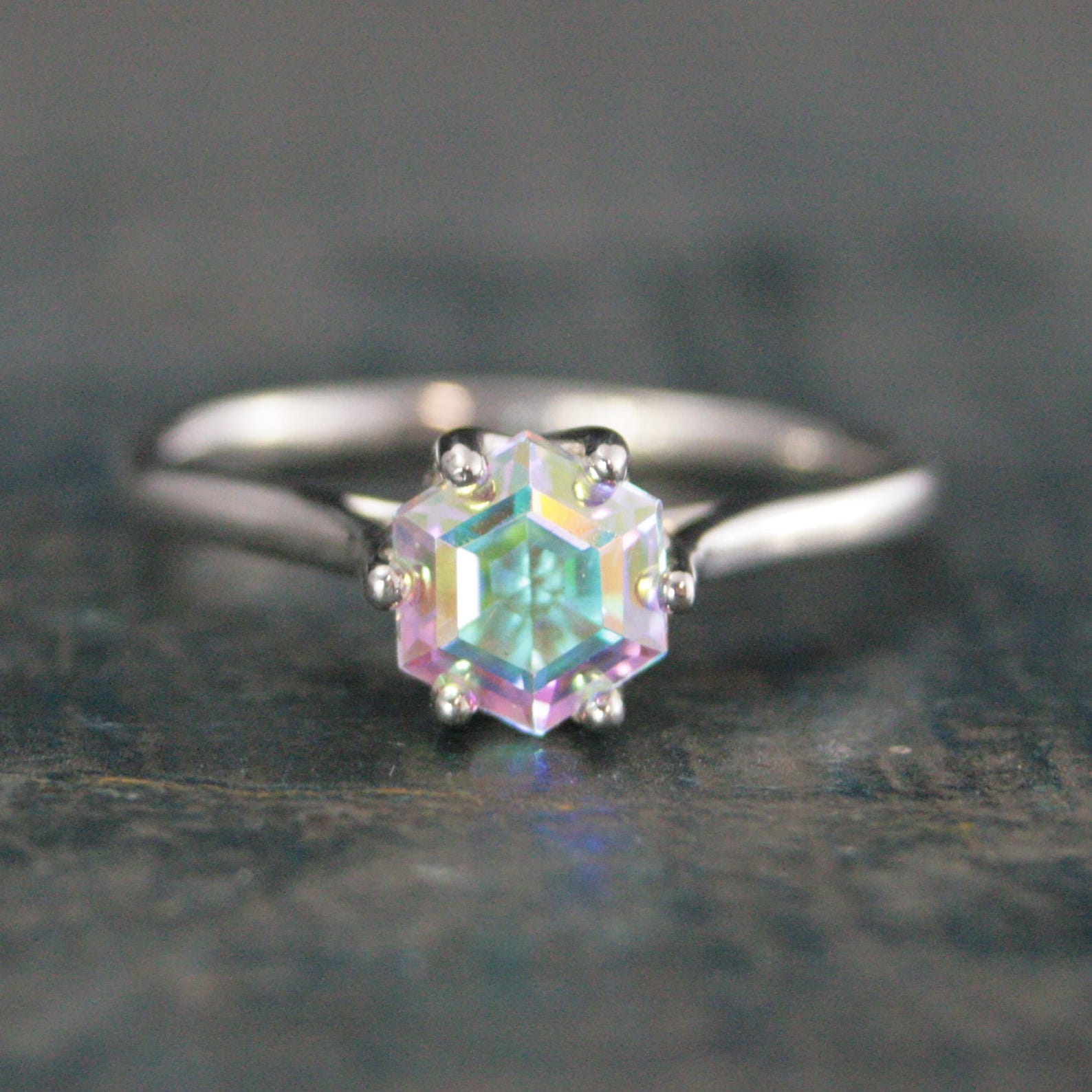 Hexagon Mystic Topaz Cathedral Solitaire Unique Hexagon Rainbow Stone Fantasy Engagement Ring Rainbow Fairy Ring Sterling Silver