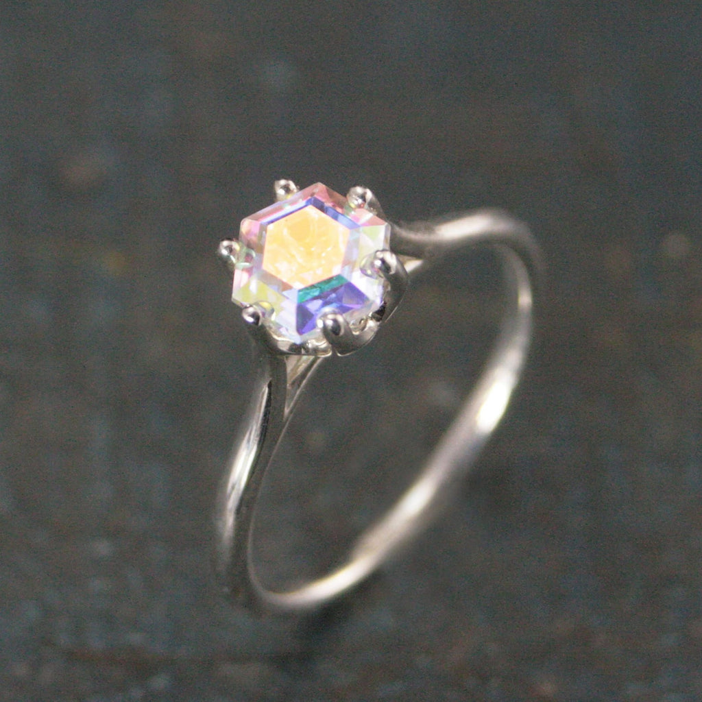 Hexagon Mystic Topaz Cathedral Solitaire Unique Hexagon Rainbow Stone Fantasy Engagement Ring Rainbow Fairy Ring Sterling Silver