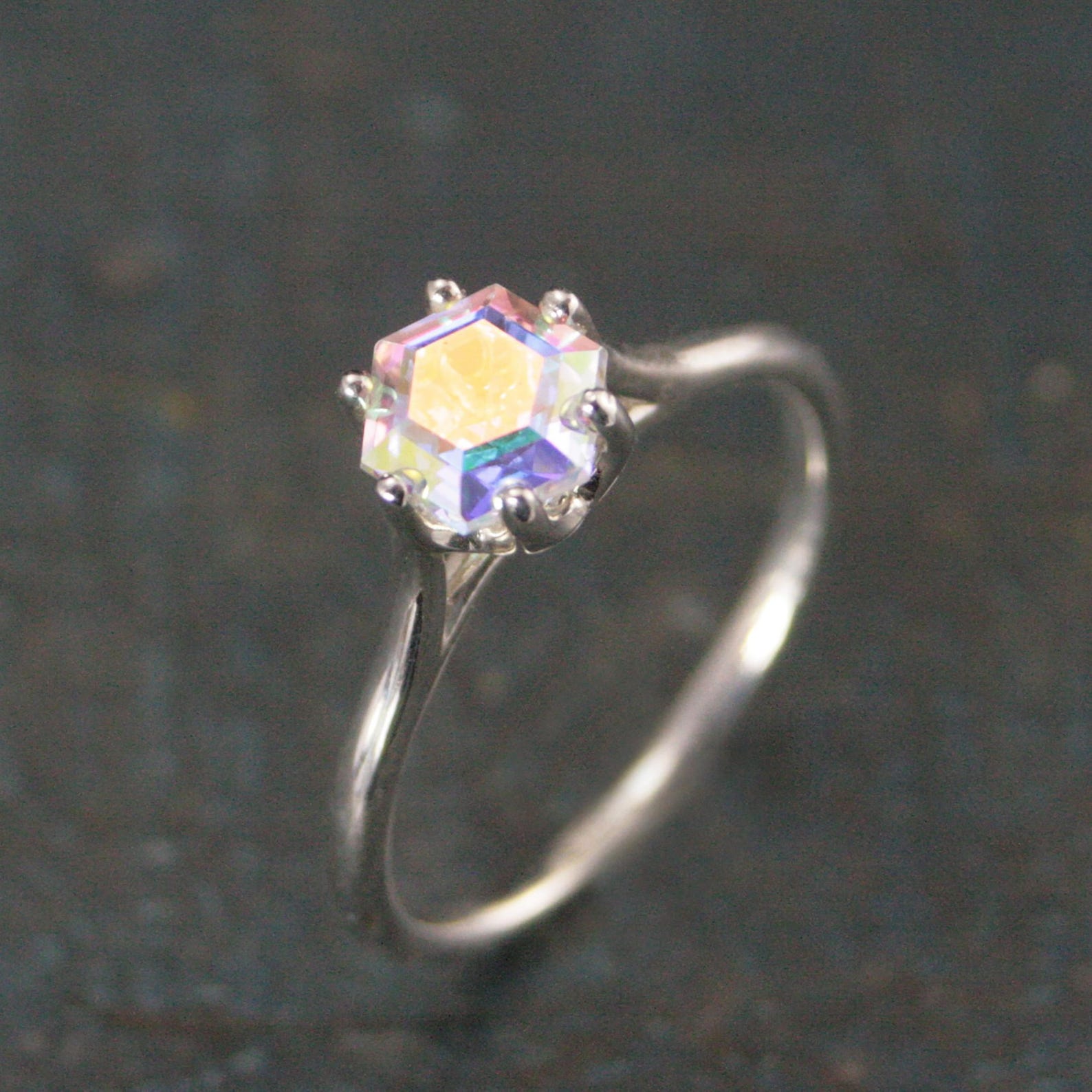 Hexagon Mystic Topaz Cathedral Solitaire Unique Hexagon Rainbow Stone Fantasy Engagement Ring Rainbow Fairy Ring Sterling Silver