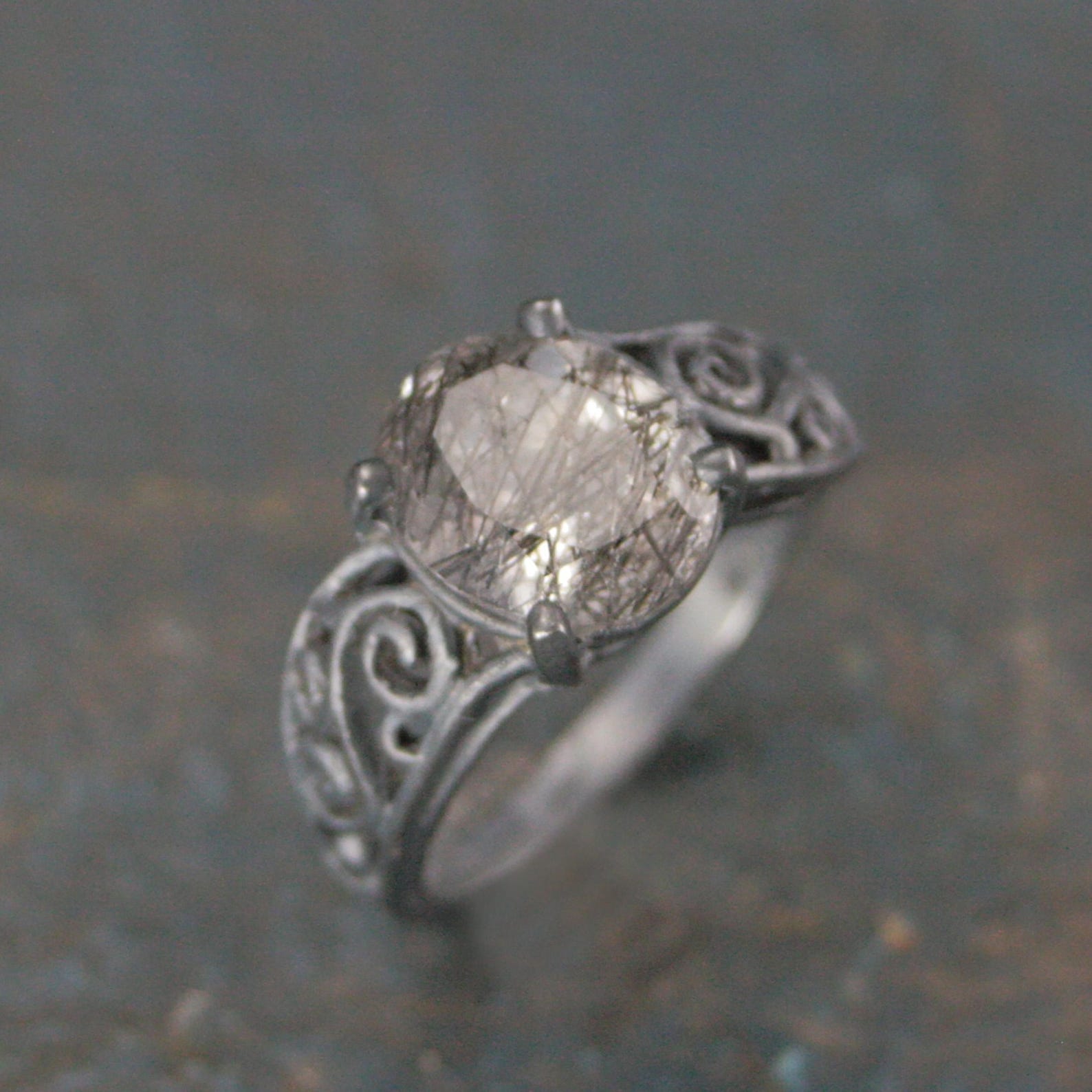 Rutilated Quartz Ring Oval Bypass Ring Black Silver Ring Black Filigree Ring 8x10 Oval Black Tourmalinated Quartz Gothic Swirl Ring