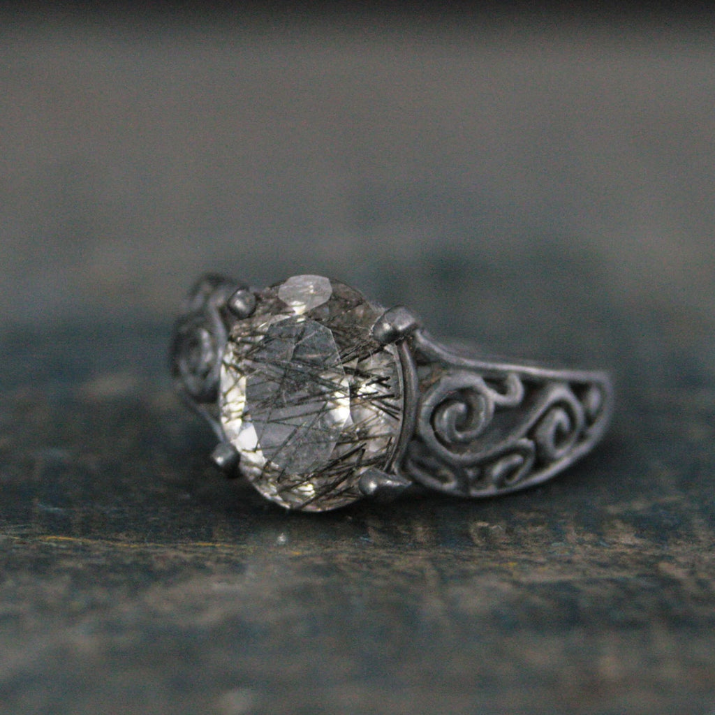 Rutilated Quartz Ring Oval Bypass Ring Black Silver Ring Black Filigree Ring 8x10 Oval Black Tourmalinated Quartz Gothic Swirl Ring