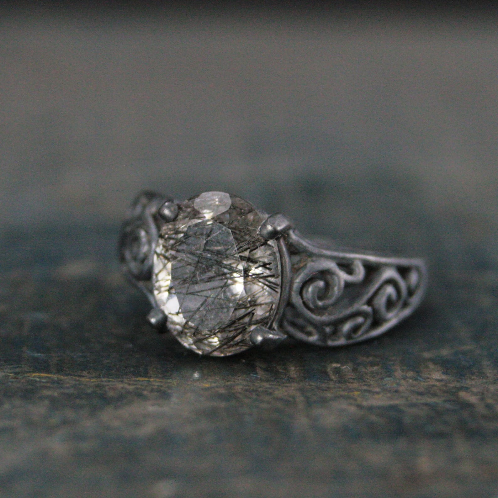 Rutilated Quartz Ring Oval Bypass Ring Black Silver Ring Black Filigree Ring 8x10 Oval Black Tourmalinated Quartz Gothic Swirl Ring