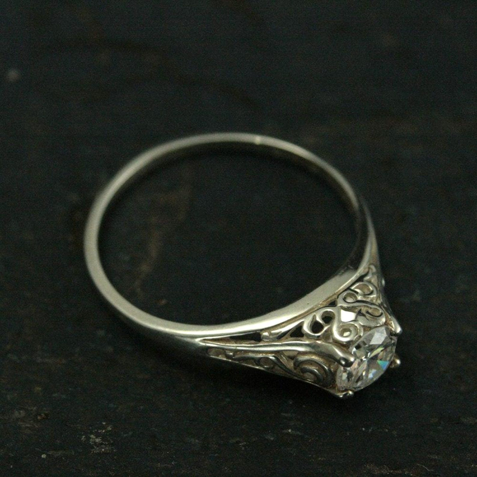 ON SALE The Cinderella Ring Silver Vintage Style Filigree Engagement Ring White Topaz or Cubic Zirconia Ring Antique Style Ring Promise Ring