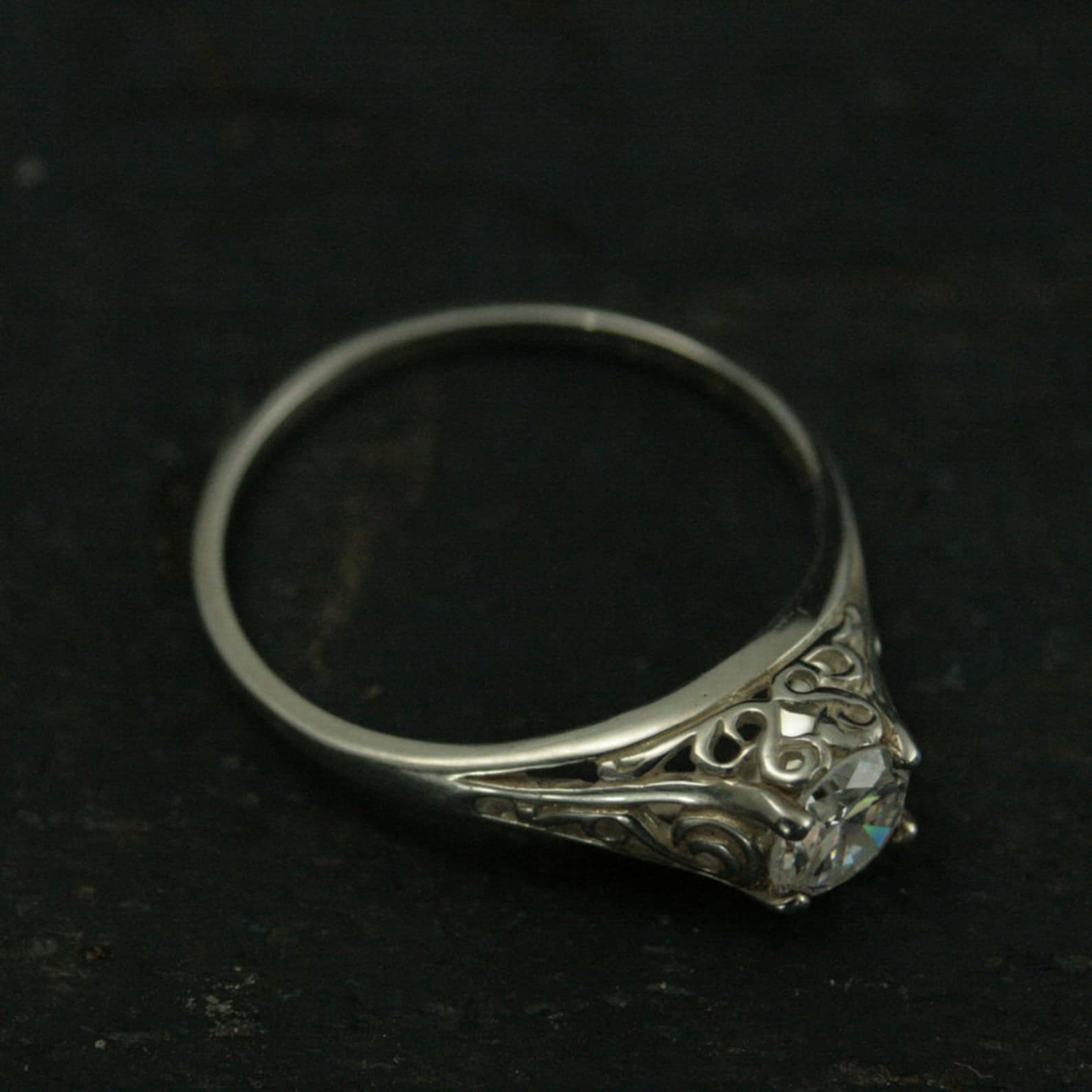 Silver Vintage Style Filigree Engagement Ring Cinderella CZ White Topaz White Sapphire Moissanite or Lab Diamond Ring Antique Style Ring