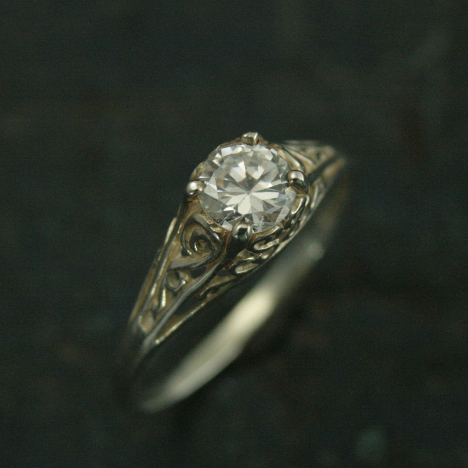 Silver Vintage Style Filigree Engagement Ring Cinderella CZ White Topaz White Sapphire Moissanite or Lab Diamond Ring Antique Style Ring