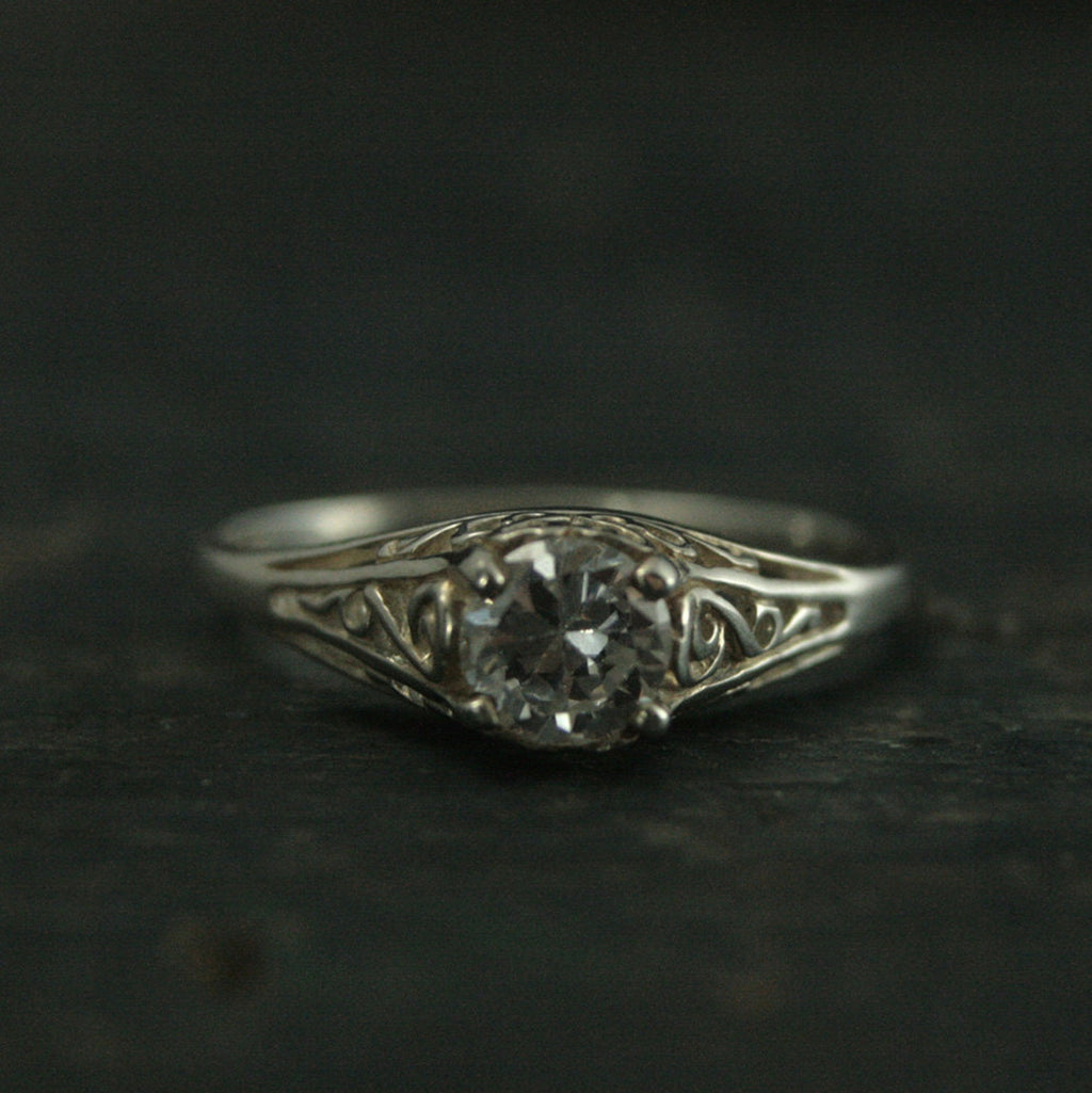 Silver Vintage Style Filigree Engagement Ring Cinderella CZ White Topaz White Sapphire Moissanite or Lab Diamond Ring Antique Style Ring