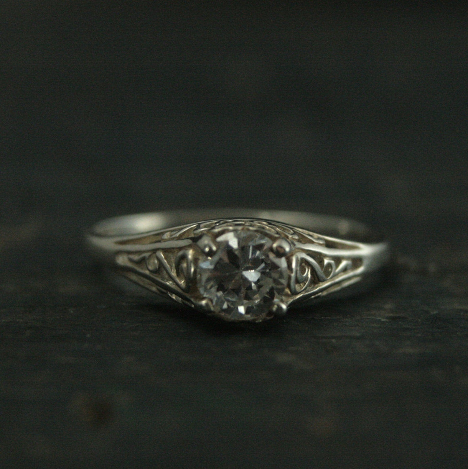 Silver Vintage Style Filigree Engagement Ring Cinderella CZ White Topaz White Sapphire Moissanite or Lab Diamond Ring Antique Style Ring