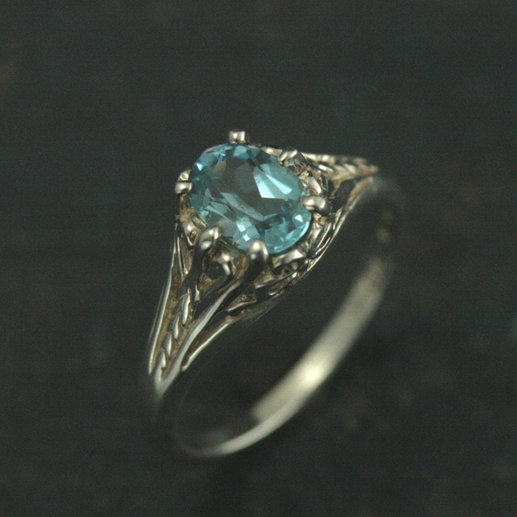 Aurora Sky Blue Topaz Ring Sterling Silver Engagement Ring Vintage Design Ring Antique Style Ring Victorian Style Filigree Ring