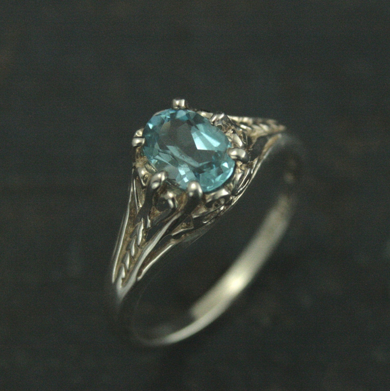 Aurora Sky Blue Topaz Ring Sterling Silver Engagement Ring Vintage Design Ring Antique Style Ring Victorian Style Filigree Ring