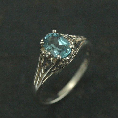 Aurora Sky Blue Topaz Ring Sterling Silver Engagement Ring Vintage Design Ring Antique Style Ring Victorian Style Filigree Ring