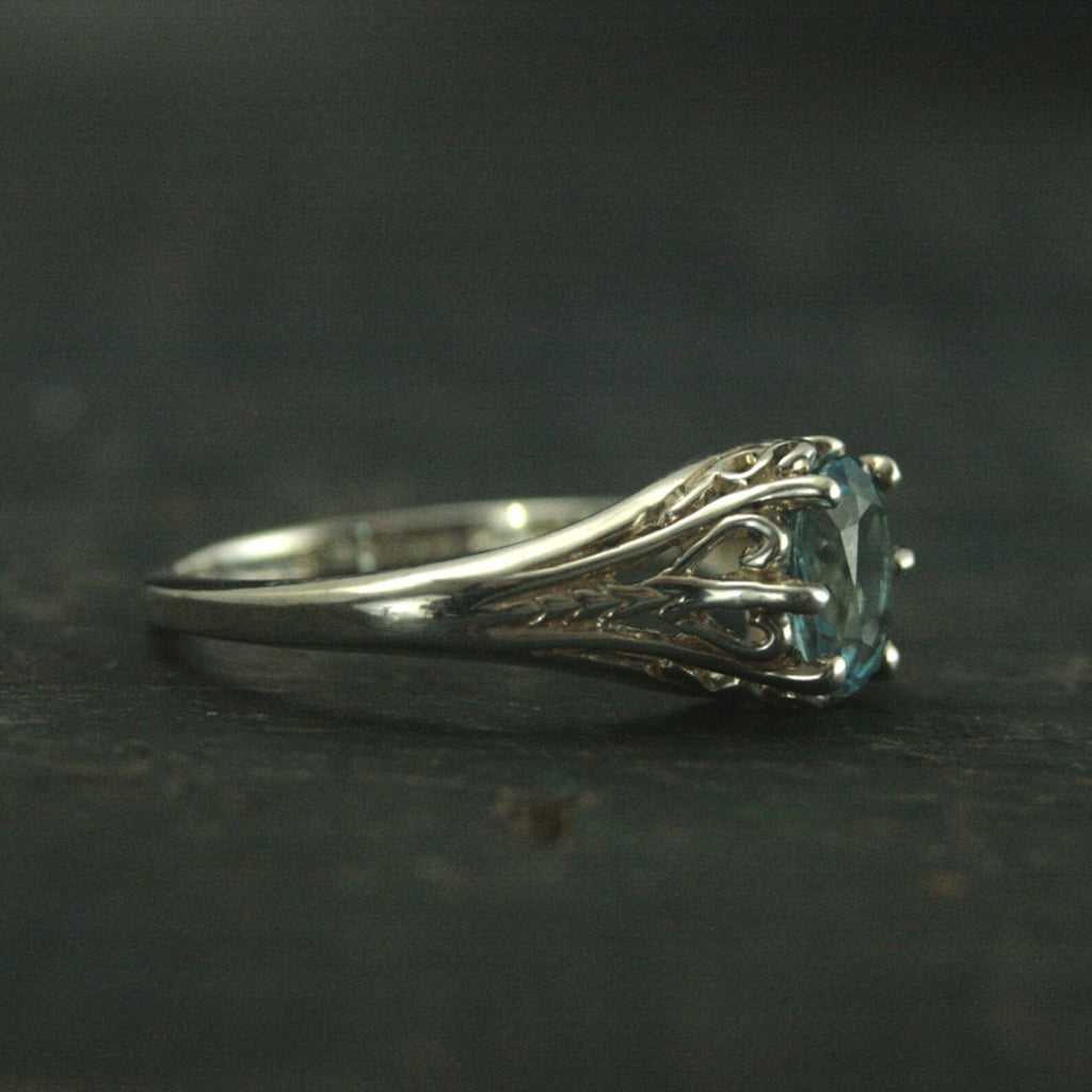 Aurora Sky Blue Topaz Ring Sterling Silver Engagement Ring Vintage Design Ring Antique Style Ring Victorian Style Filigree Ring