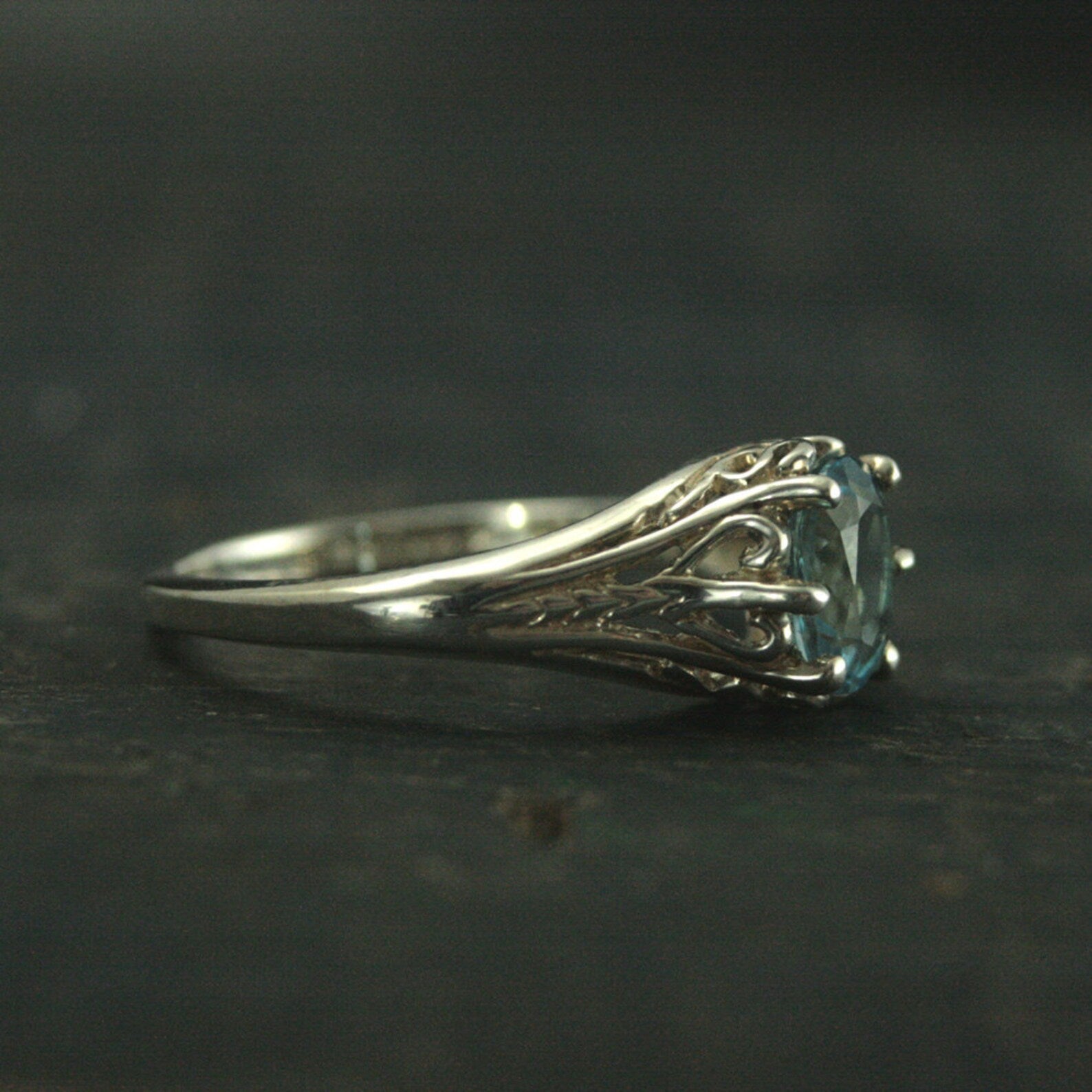 Aurora Sky Blue Topaz Ring Sterling Silver Engagement Ring Vintage Design Ring Antique Style Ring Victorian Style Filigree Ring