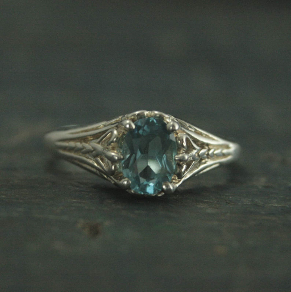 Aurora Sky Blue Topaz Ring Sterling Silver Engagement Ring Vintage Design Ring Antique Style Ring Victorian Style Filigree Ring
