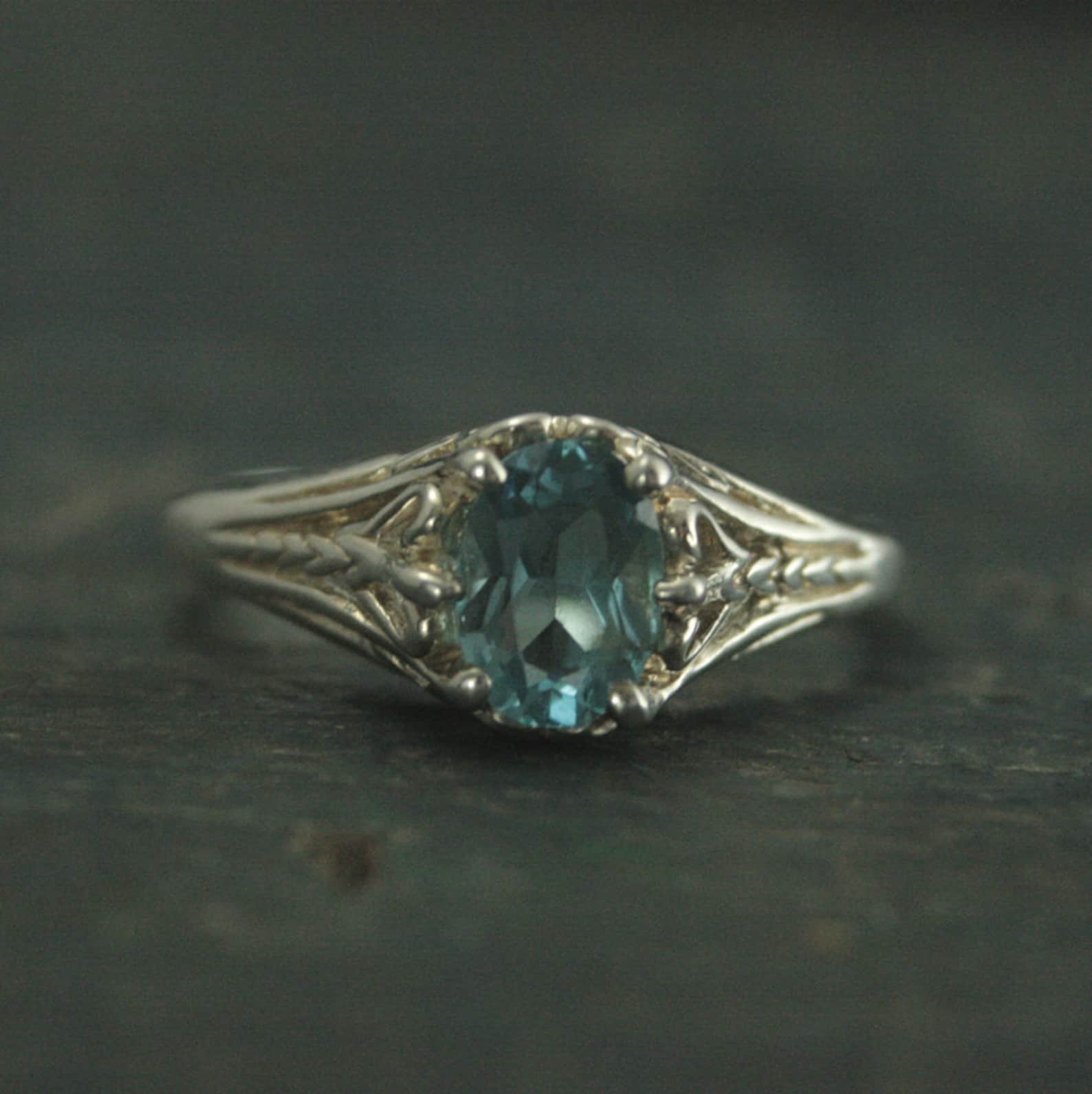 Aurora Sky Blue Topaz Ring Sterling Silver Engagement Ring Vintage Design Ring Antique Style Ring Victorian Style Filigree Ring