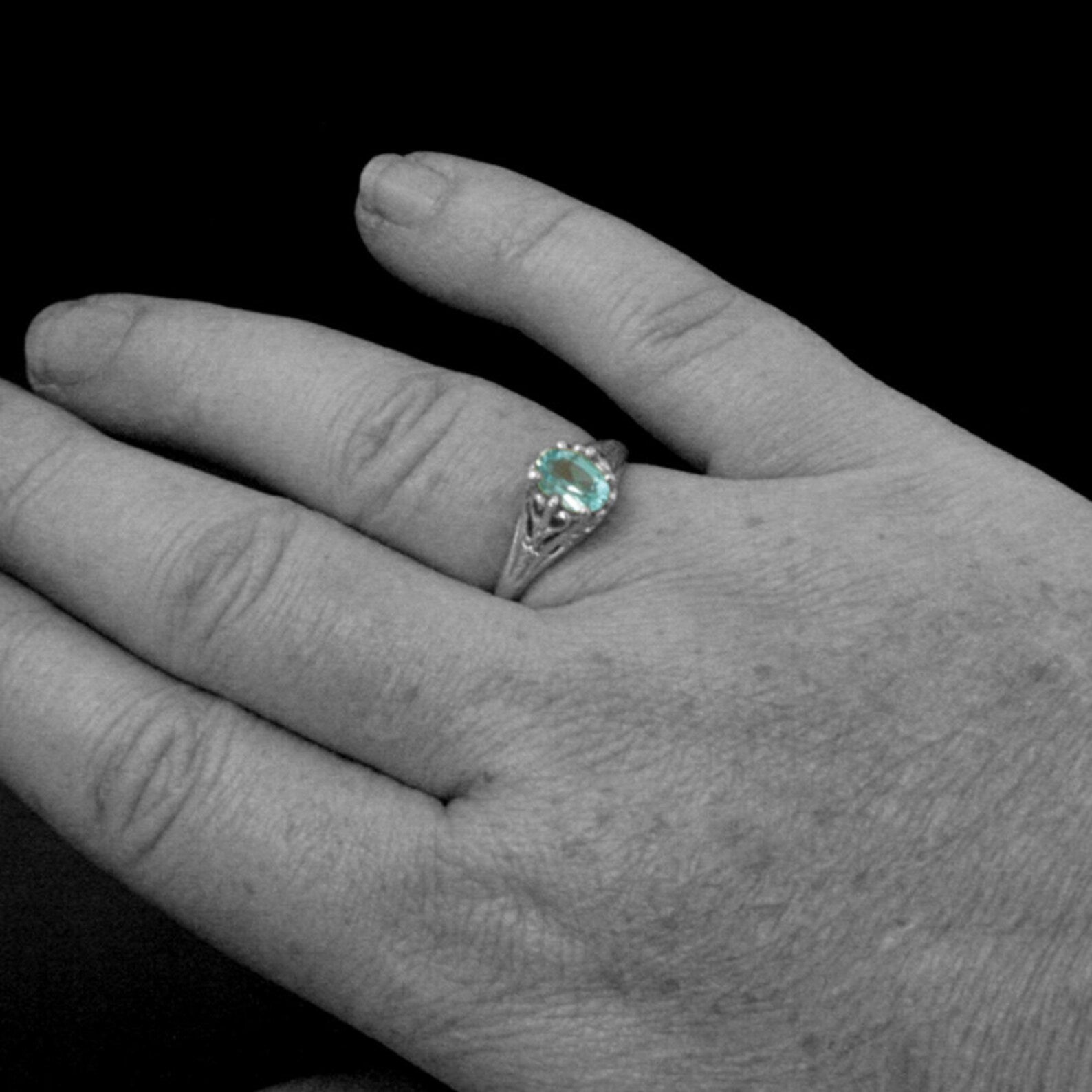 Aurora Sky Blue Topaz Ring Sterling Silver Engagement Ring Vintage Design Ring Antique Style Ring Victorian Style Filigree Ring
